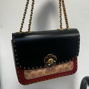 Coach Black and Red Shoulder Bag with Gold Chain